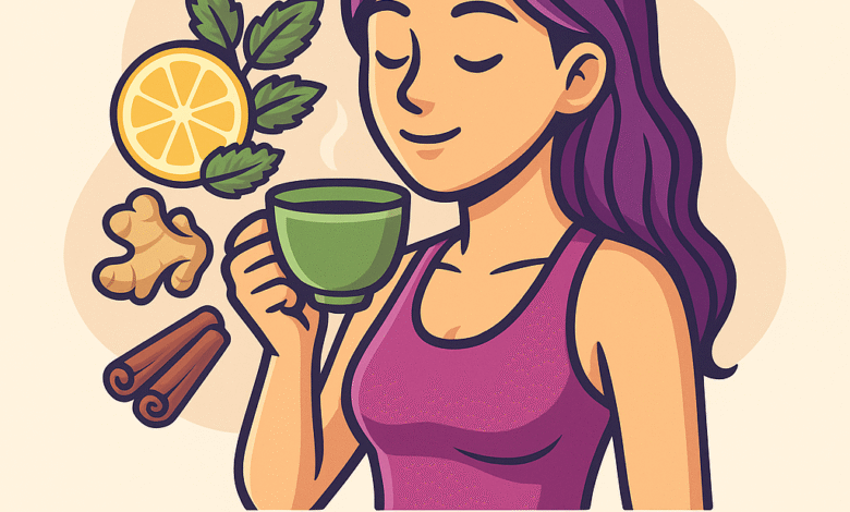 امرأة تشرب شاي أعشاب طبيعي بجانب مكونات مثل الزنجبيل والليمون والنعناع - HaifaFit
