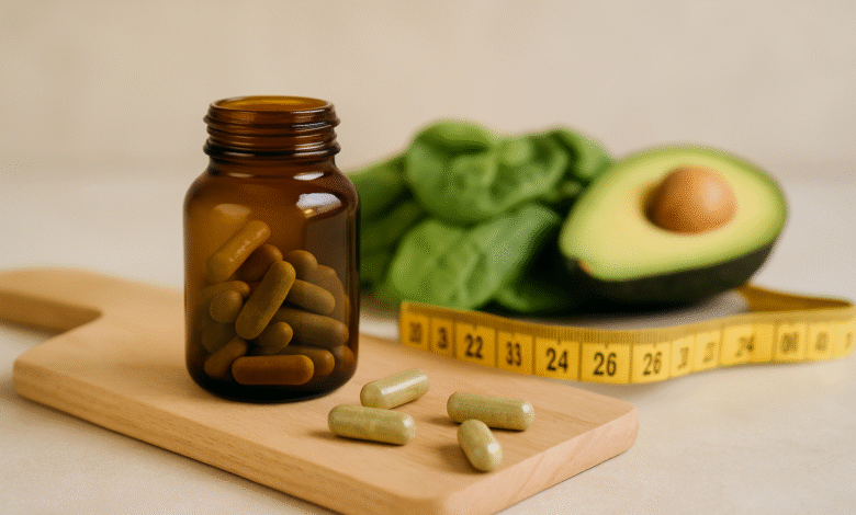 مكملات تخسيس طبيعية، كبسولات أعشاب، وزجاجة مع أفوكادو وشريط قياس – HaifaFit