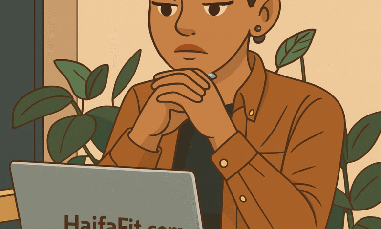 رسم كرتوني لامرأة تفكّر أمام حاسوب عليه شعار HaifaFit.com، يعبر عن المقارنة بين الخيارات الطبيعية والمكملات الغذائية